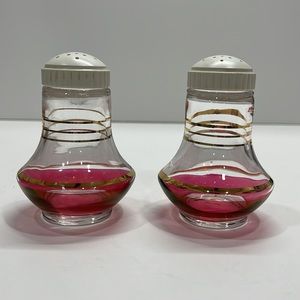 VINTAGE Bartlett Collin Cranberry Salt Pepper Shakers Bell Bottom Gold Stripe